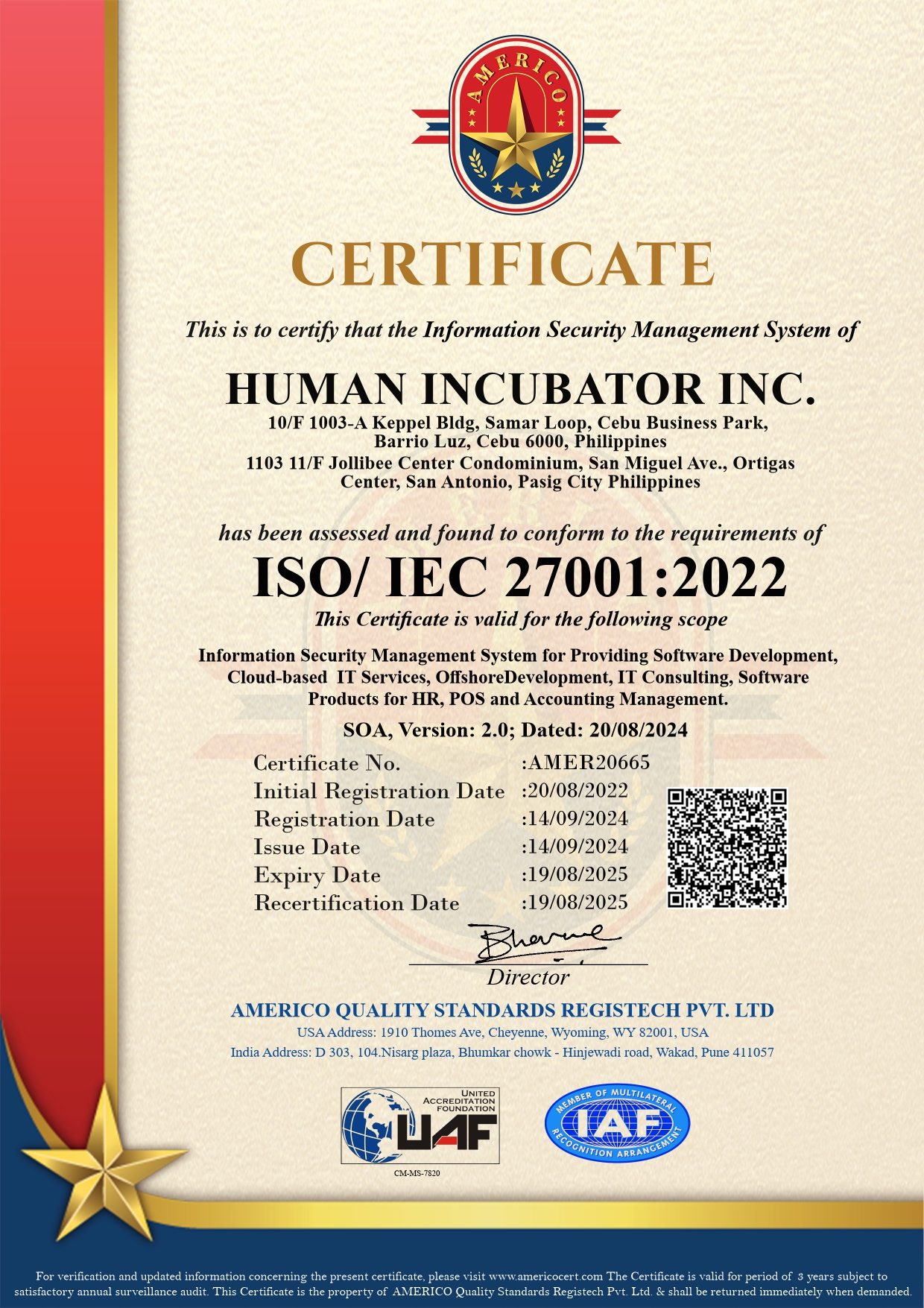 UAF Americo-ISO 27001-HUMAN INCUBATOR INC.